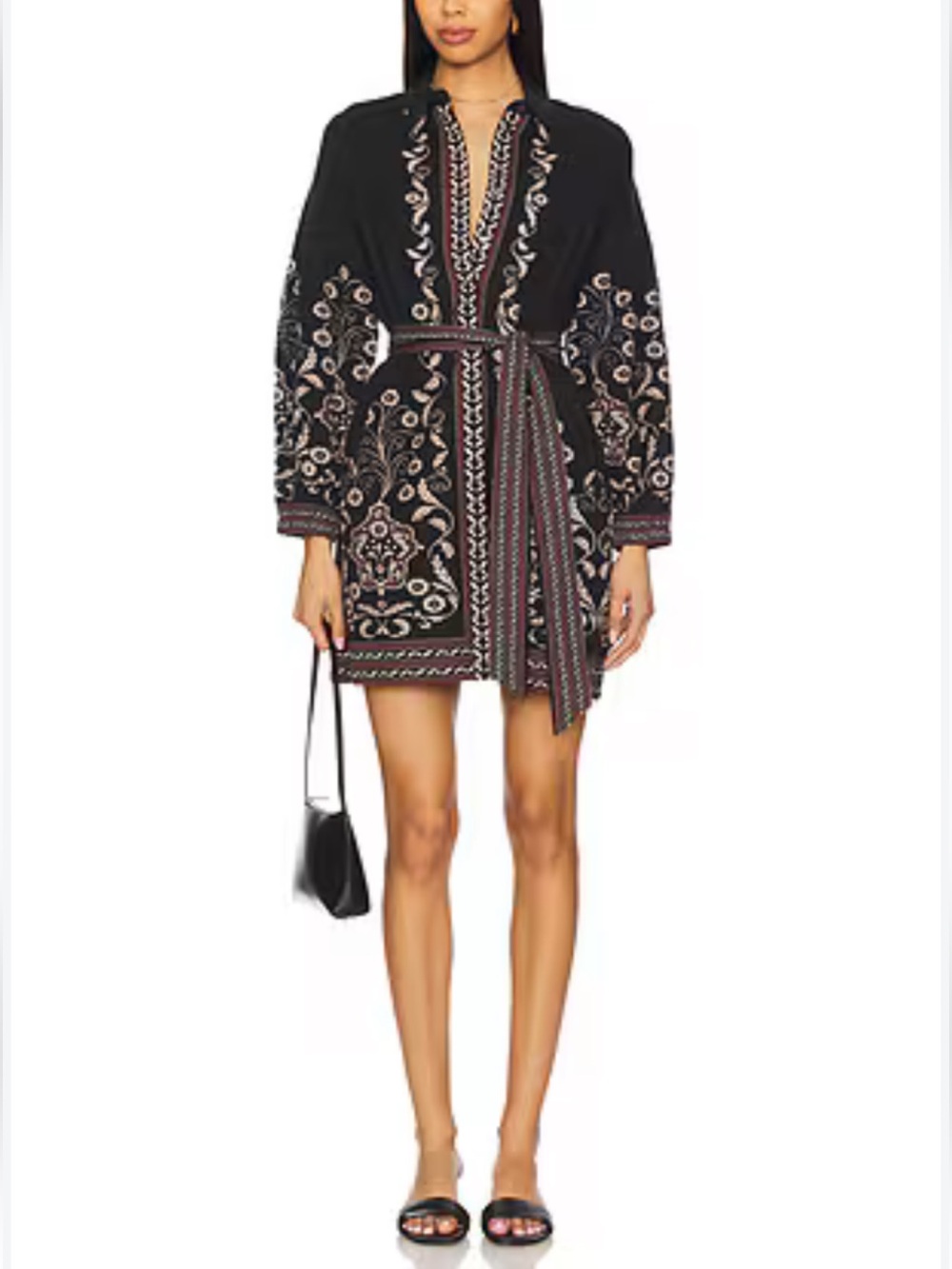 Cleobella Black Belted Mini Dress with Cream and Brown Accents